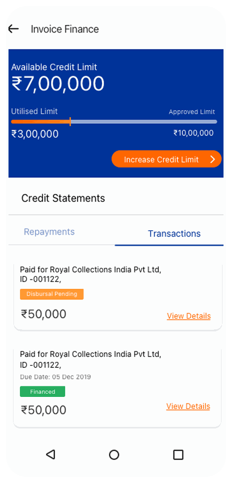 Invoice finance screen showing available credit limit, utilised limit and credit statements