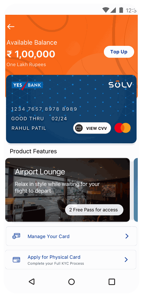 Prepaid card screen showing available balance, card details and product features
