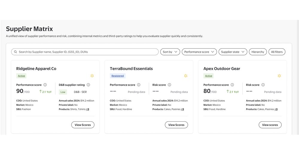Supplier Matrix interface: searchable supplier cards showing performance score, risk score, D&B rating and sourcing details