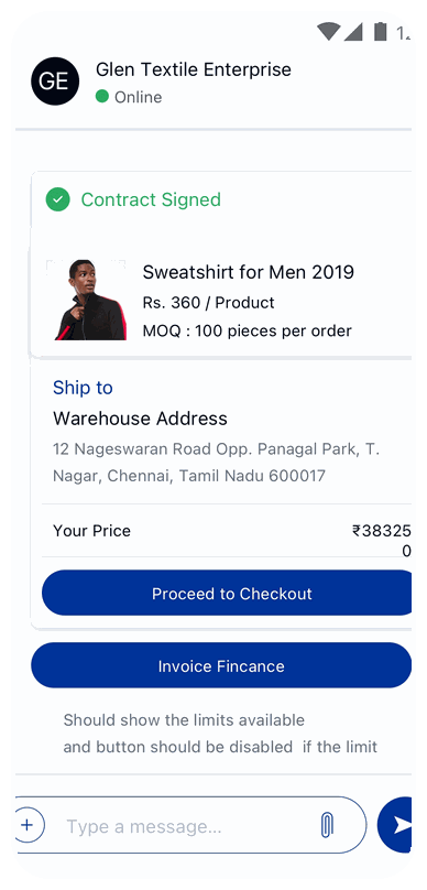 Chat thread showing a signed contract with checkout and invoice-finance actions