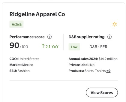 Supplier card for Ridgeline Apparel Co showing performance score 90 out of 100 and a low D&B supplier rating
