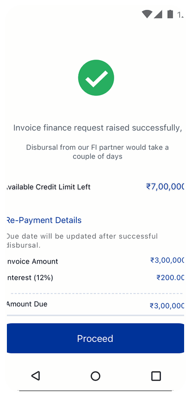Confirmation of a raised invoice-finance request with repayment details
