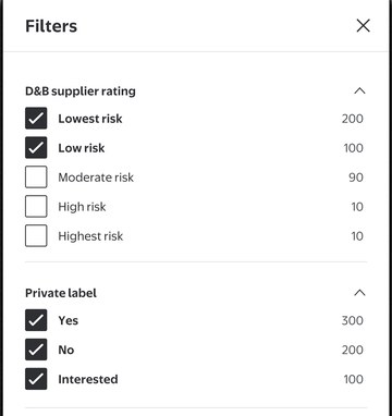 Filters panel with D&B supplier rating, private label and channel options