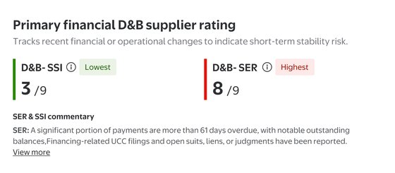 Primary financial D&B supplier rating panel with SSI and SER scores and commentary