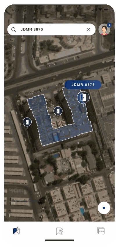 Map view showing a building outline with entrance pins and its Bawsala code