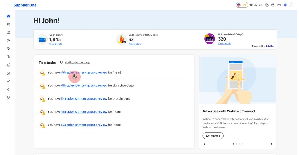 Supplier One home screen showing a Top tasks list of replenishment gaps awaiting review