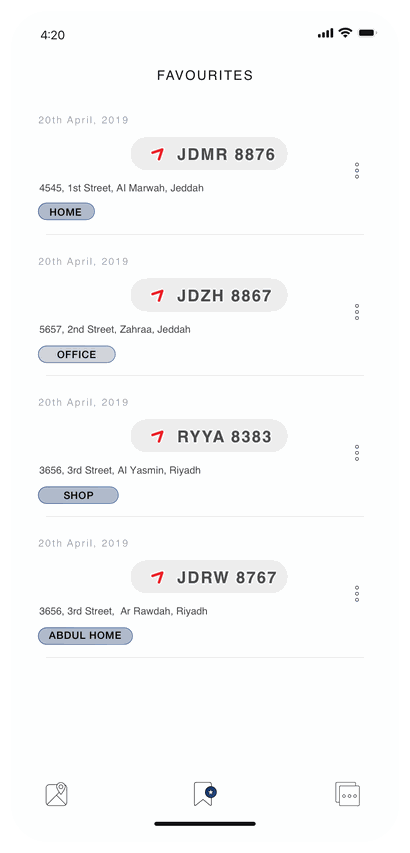 Saved favourites list with labelled home, office and shop codes