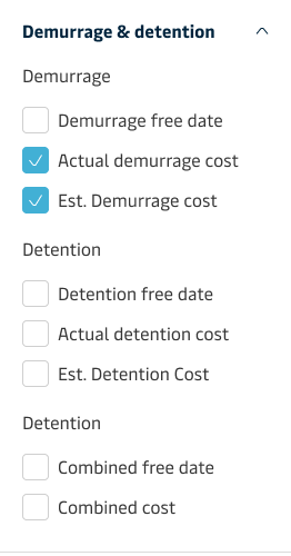 Demurrage & detention filter panel with charge checkboxes