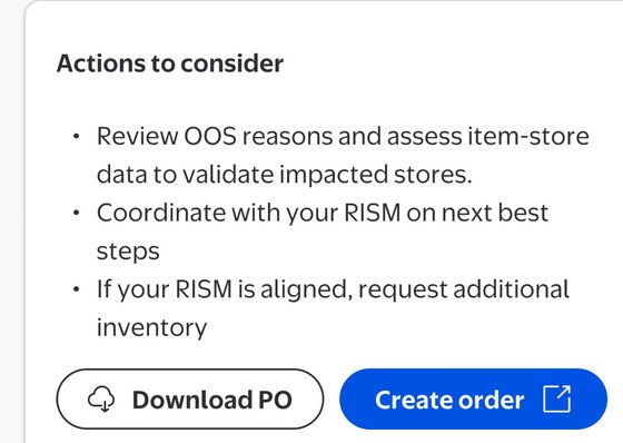 Actions to consider panel with Download PO and Create order actions