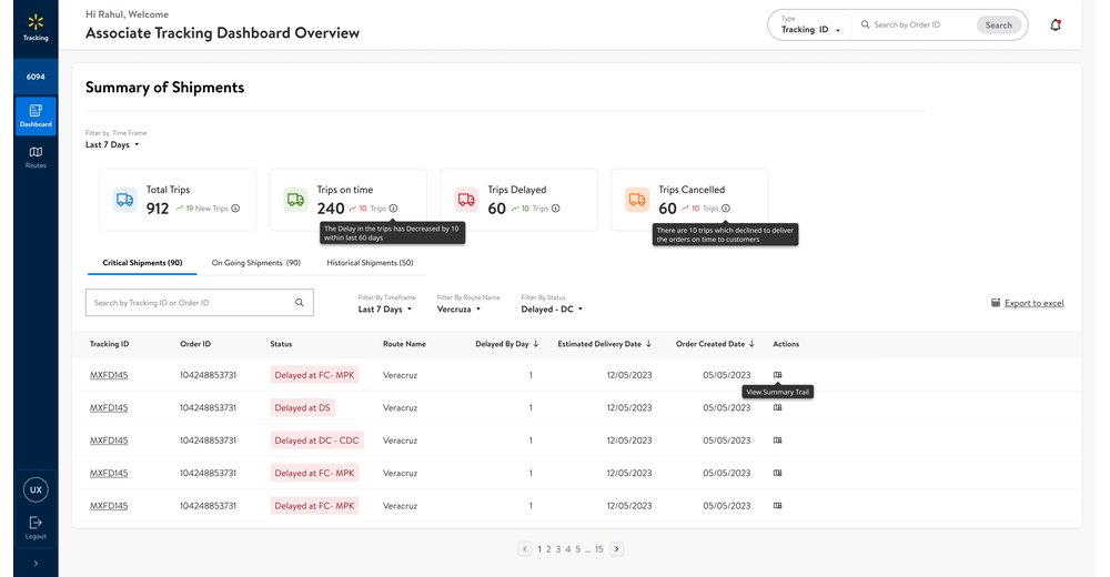 Omni Routes tracking dashboard: shipment summary with trip totals, on-time, delayed and cancelled counts, and a critical shipments table