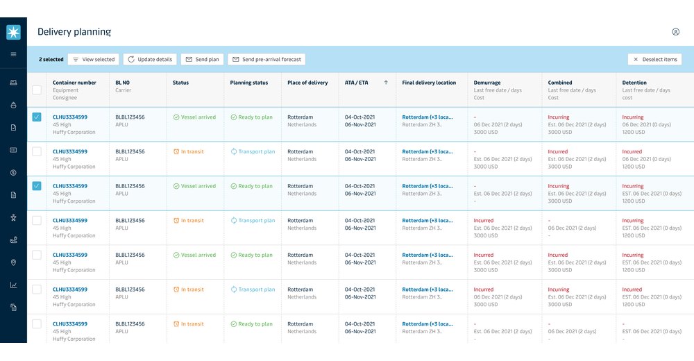Delivery planning list showing containers with status, ETA and demurrage, combined and detention charges