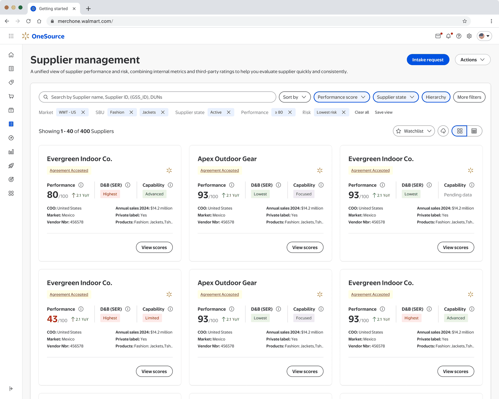 Supplier listing — full page with search, filters and the supplier card grid