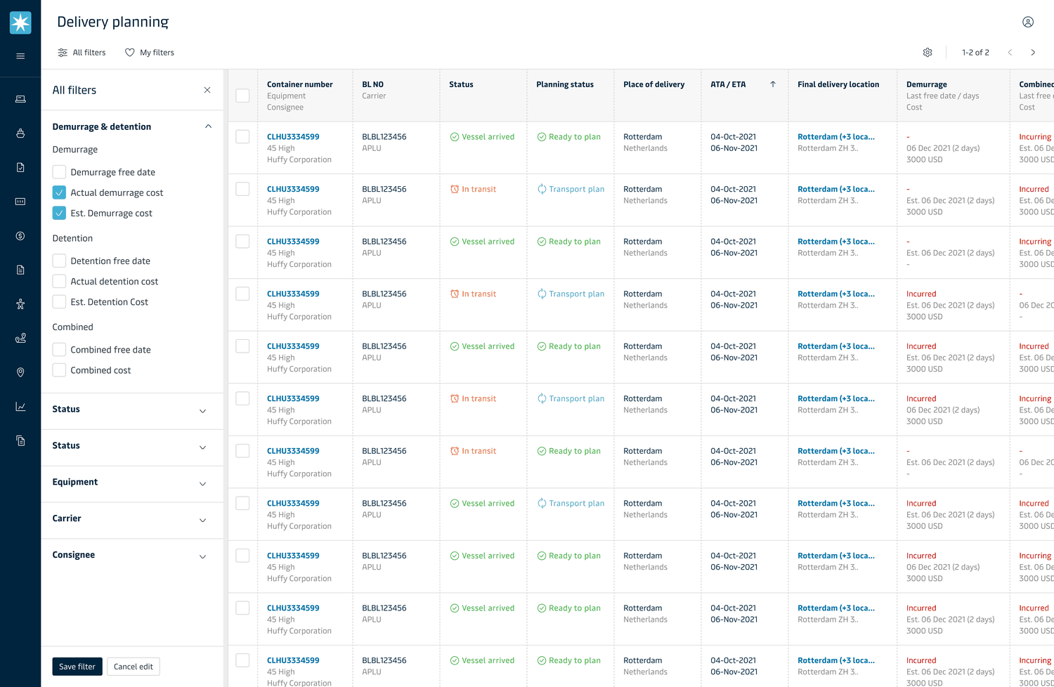 Delivery Planning filters — Demurrage, Detention and Combined free date and cost exposed as filterable fields