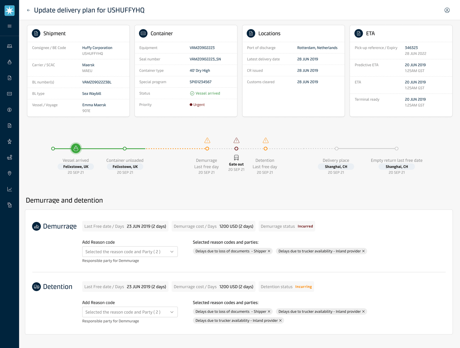 Update delivery plan detail screen — shipment, container, locations, ETA, milestone timeline and demurrage and detention reason codes