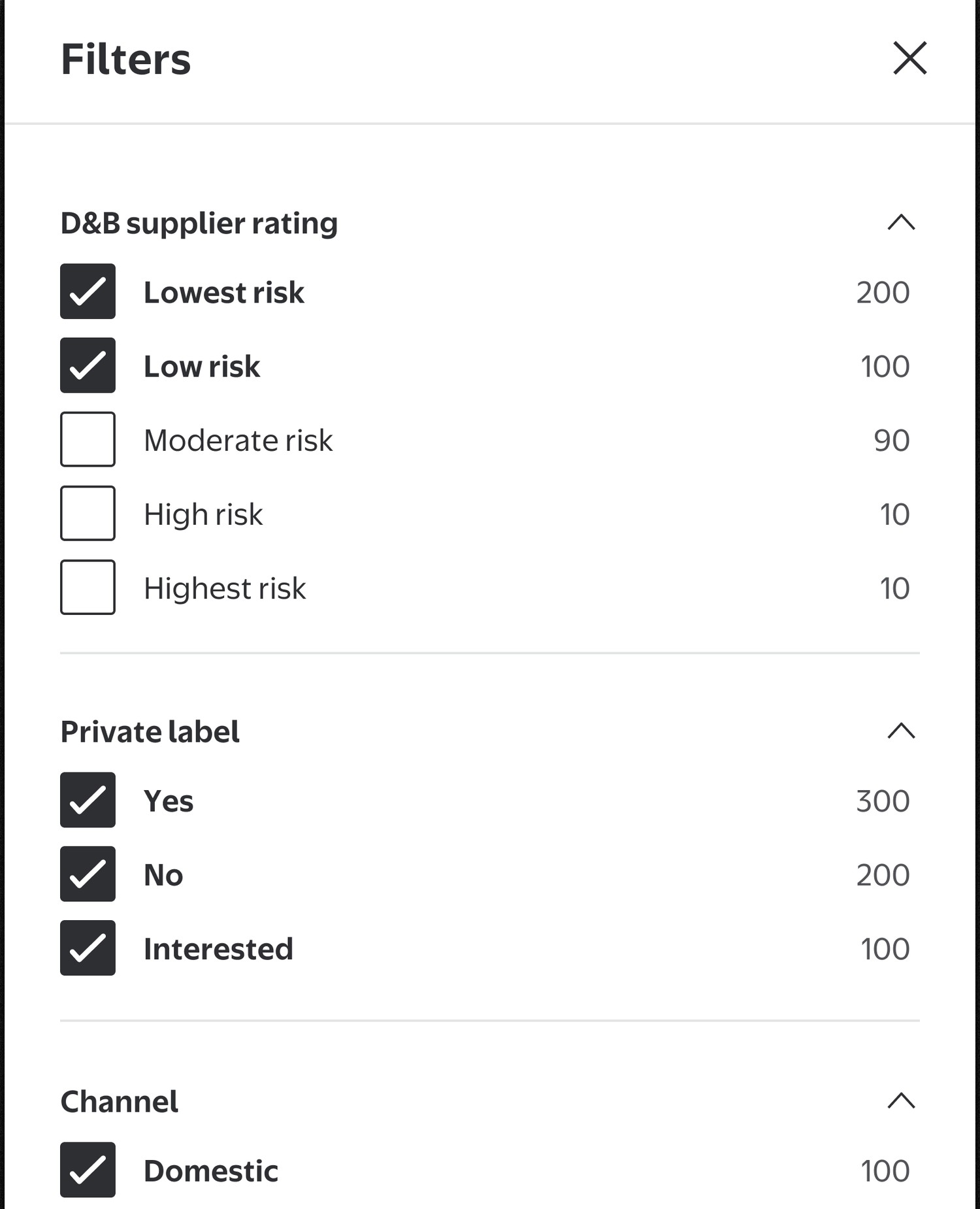 Filters panel — D&B supplier rating, private label, channel, market and country of origin