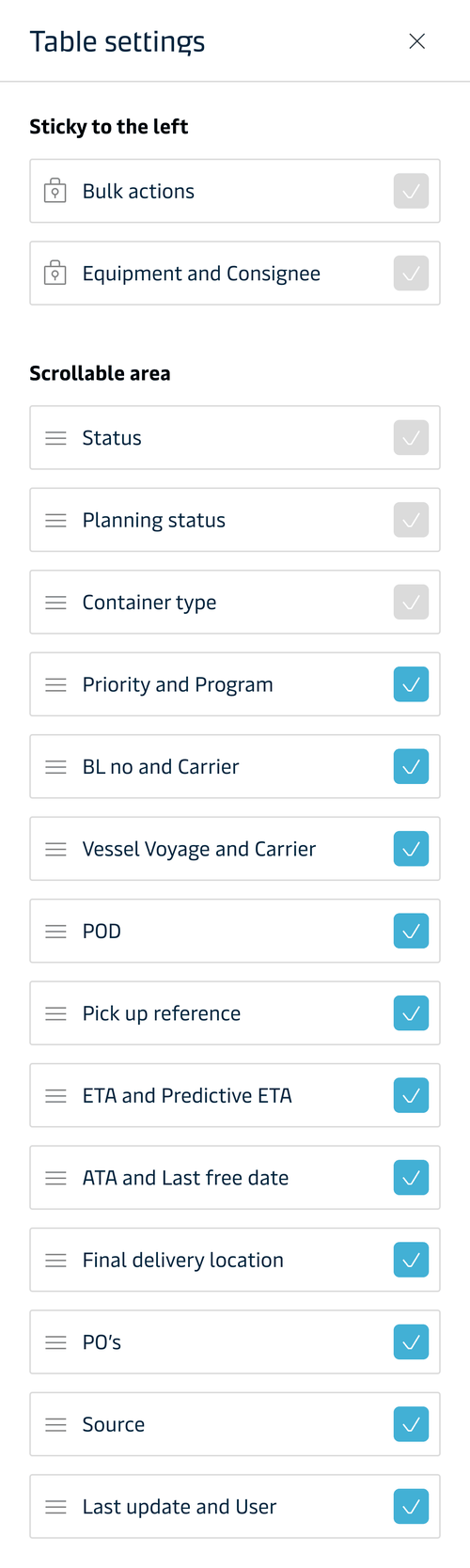 Table settings — sticky columns and scrollable-area column visibility toggles
