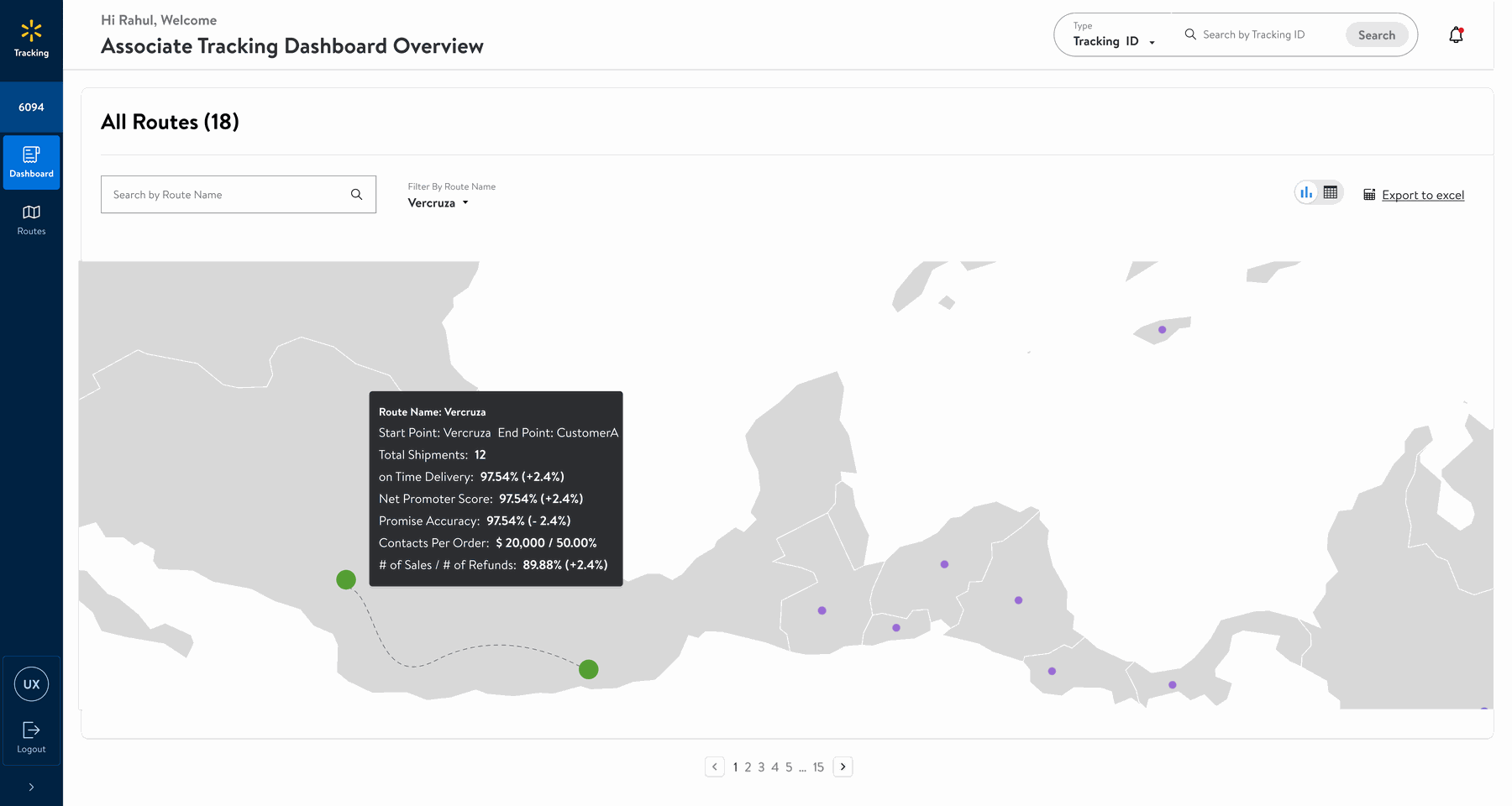 Route map view showing KPIs plotted geographically
